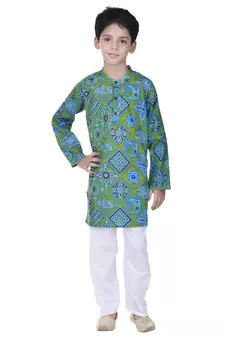 Blue printed cotton Kurta Pyjama For Boys
