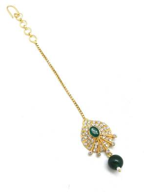 Peacock Feather Shaped Maang Tikka Decorated With Crystal  And  Pearl Drop 1