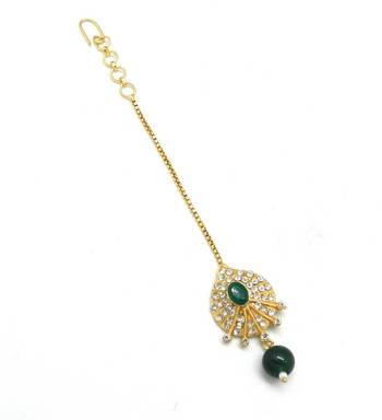 Peacock Feather Shaped Maang Tikka Decorated With Crystal  And  Pearl Drop 2