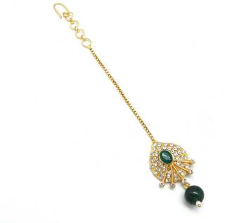 Peacock Feather Shaped Maang Tikka Decorated With Crystal  And  Pearl Drop 3