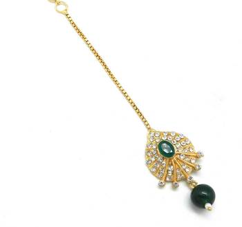 Peacock Feather Shaped Maang Tikka Decorated With Crystal  And  Pearl Drop 4