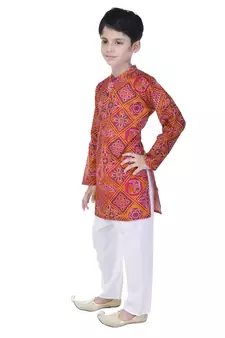 Pink printed cotton Kurta Pyjama For Boys