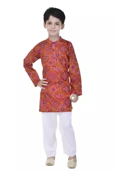 Pink printed cotton Kurta Pyjama For Boys