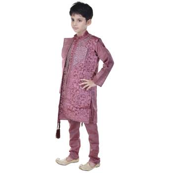 Maroon sequins cotton silk Sherwani and Churidar Set For Boys 3