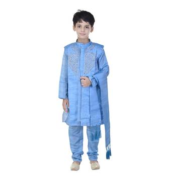 Blue sequins cotton silk Sherwani and Churidar Set For Boys 1