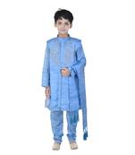Blue sequins cotton silk Sherwani and Churidar Set For Boys