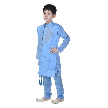 Blue sequins cotton silk Sherwani and Churidar Set For Boys 3