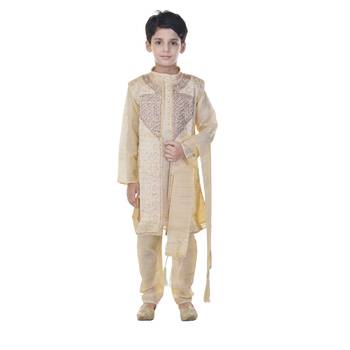 Beige sequins cotton silk Sherwani and Churidar Set For Boys 1