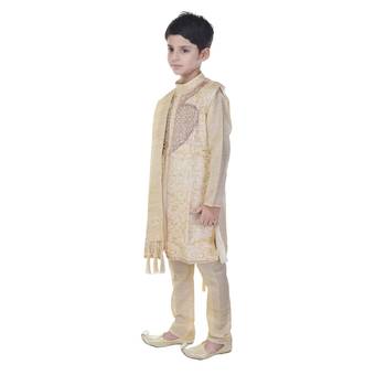Beige sequins cotton silk Sherwani and Churidar Set For Boys 3