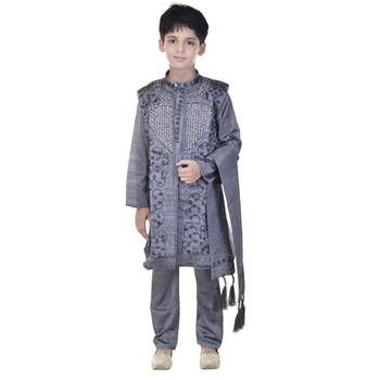 Grey sequins cotton silk Sherwani and Churidar Set For Boys 1