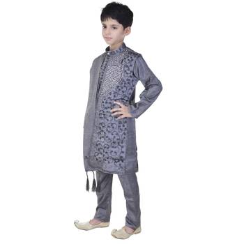 Grey sequins cotton silk Sherwani and Churidar Set For Boys 3