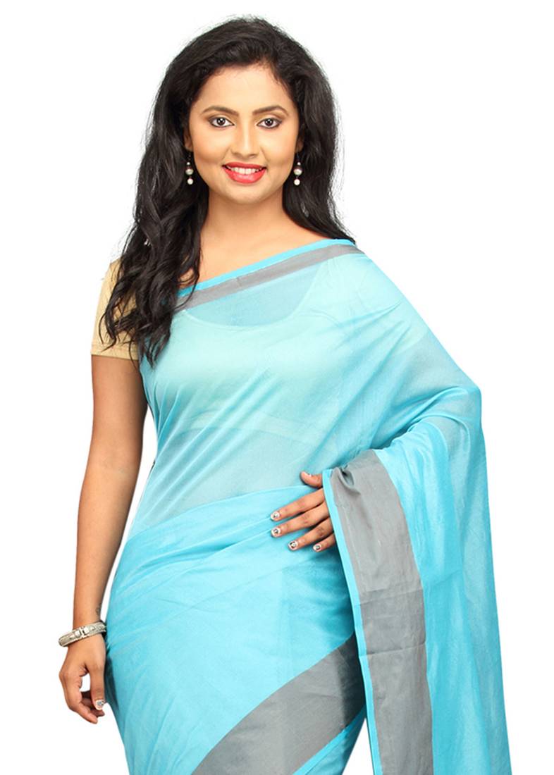 blue simple plain saree