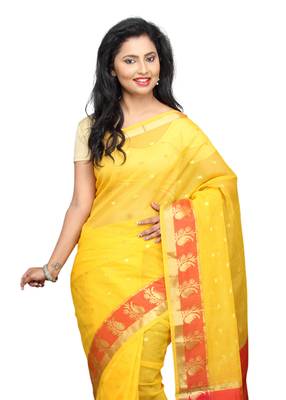 Yellow plain cotton saree with blouse 3