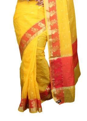 Yellow plain cotton saree with blouse 4