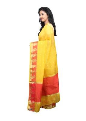 Yellow plain cotton saree with blouse 5