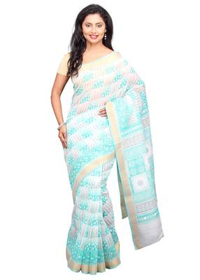 White printed cotton saree with blouse 1