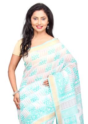 White printed cotton saree with blouse 3
