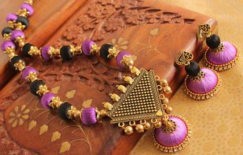 Beautiful Silk Thread Purple Black Antique Pendant Necklace Set 1