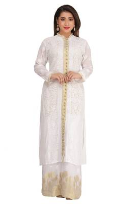 White Embroidered Georgette Chikankari Kurti  2