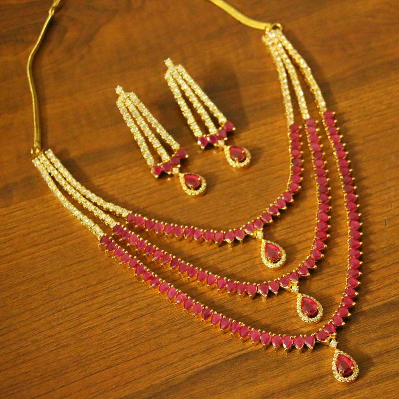 Ruby Diamond Look Gold Plated 3 Line Necklace Set