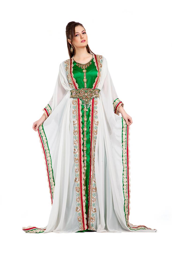 Contemporary Fancy Long Length White Moroccan Takchita Kaftan