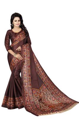Brown printed art silk sarees saree with blouse 1