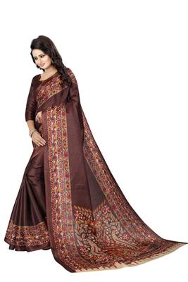 Brown printed art silk sarees saree with blouse 2
