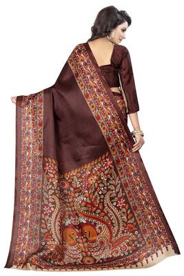 Brown printed art silk sarees saree with blouse 3