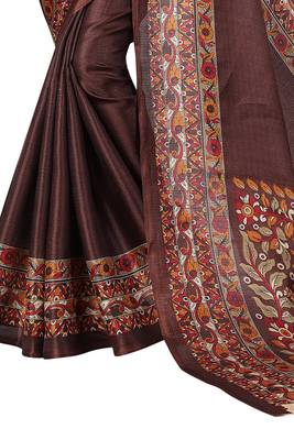 Brown printed art silk sarees saree with blouse 4