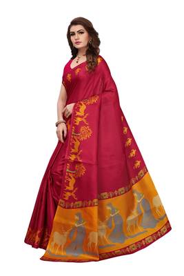 Maroon printed art silk sarees saree with blouse 3