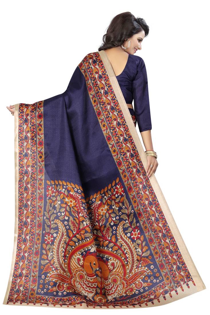 Navy blue printed art silk sarees saree with blouse