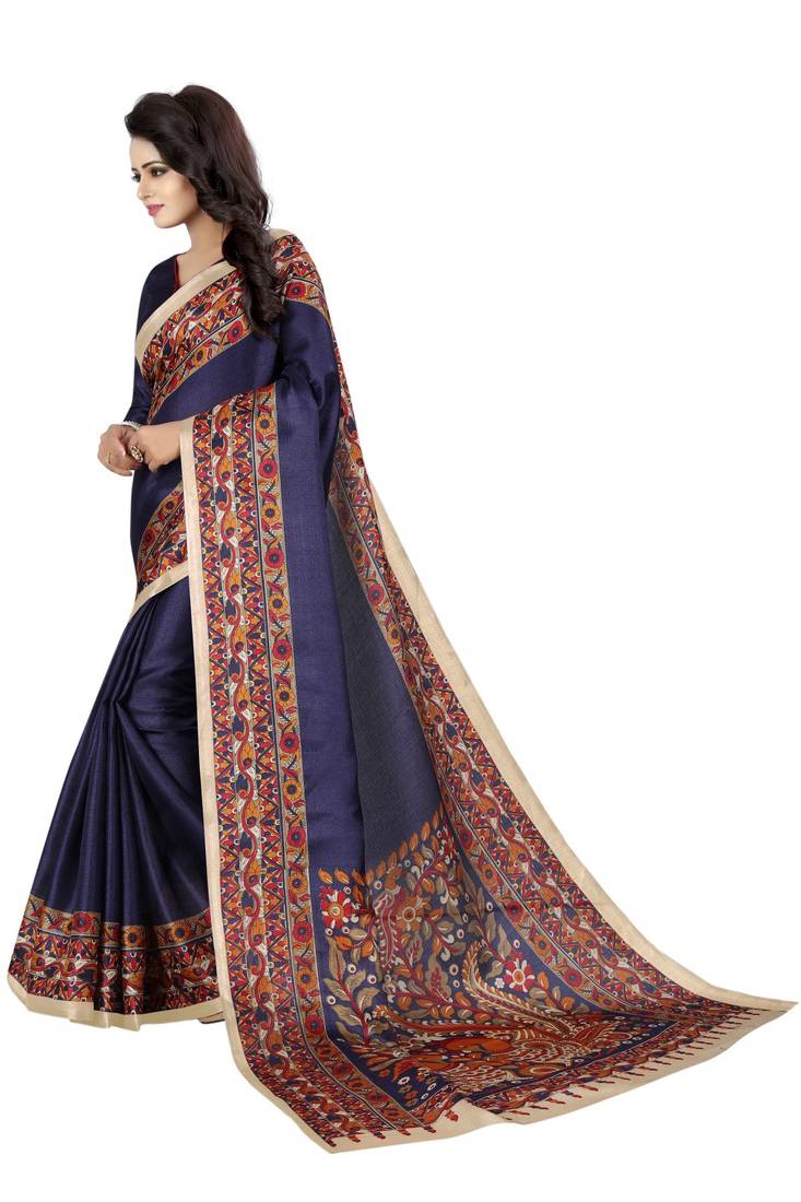 Navy blue printed art silk sarees saree with blouse