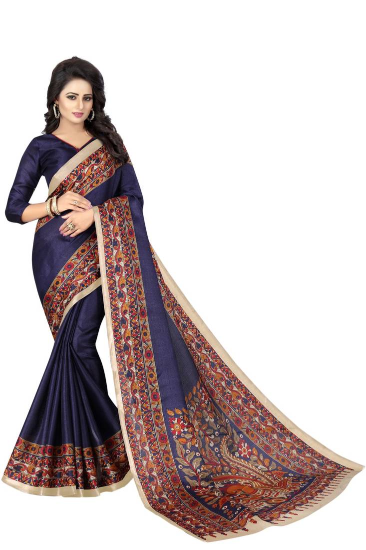 Navy blue printed art silk sarees saree with blouse