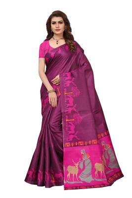 Wine printed art silk sarees saree with blouse 1