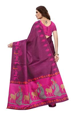 Wine printed art silk sarees saree with blouse 3
