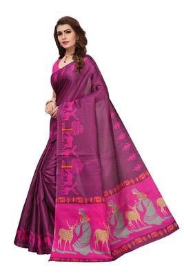 Wine printed art silk sarees saree with blouse 4