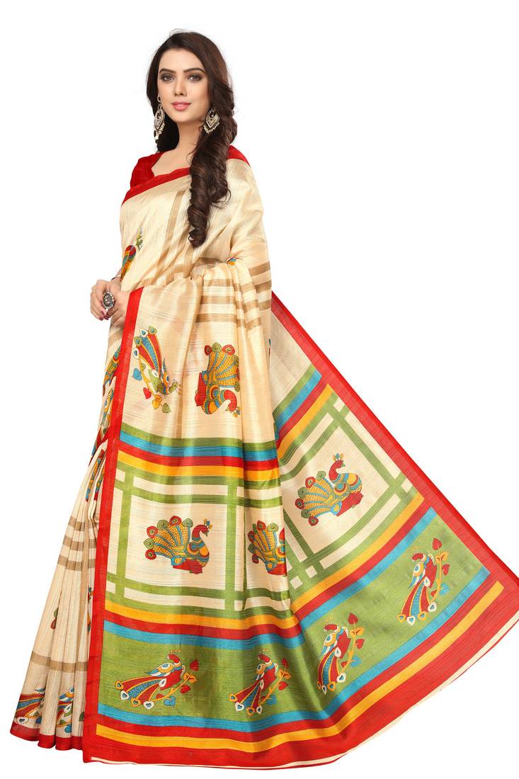 Multicolor printed art silk saree with blouse