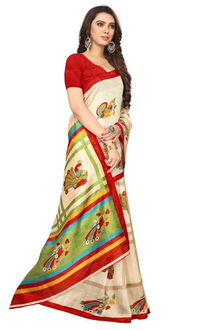 Multicolor printed art silk saree with blouse