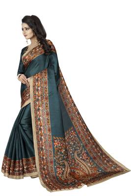 Turquoise printed art silk sarees saree with blouse 2