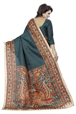 Turquoise printed art silk sarees saree with blouse 3