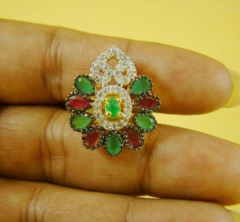 Ruby Panna Multi CZ Polki Cocktail Ring Adjustable
