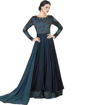 Navy blue hand woven tussar Anarkali Suit 1