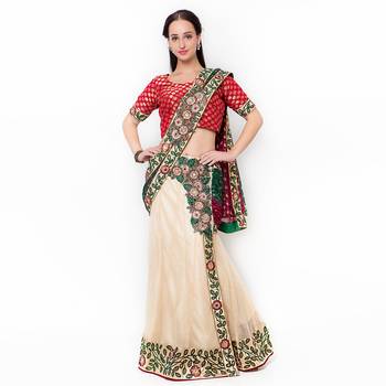 Beige Embroidered Net Saree With Blouse 1