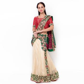 Beige Embroidered Net Saree With Blouse 2