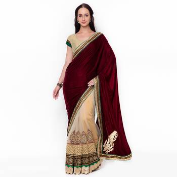 Beige Embroidered Velvet Saree With Blouse 1