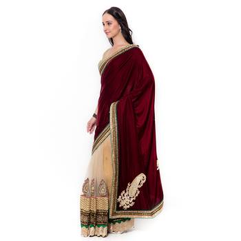 Beige Embroidered Velvet Saree With Blouse 2