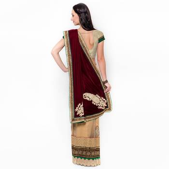 Beige Embroidered Velvet Saree With Blouse 3