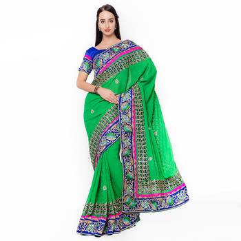 Green Embroidered Silk Saree With Blouse 1