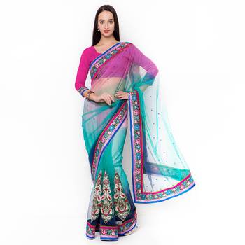 Blue Embroidered Net Saree With Blouse 1