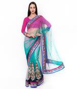 Blue Embroidered Net Saree With Blouse